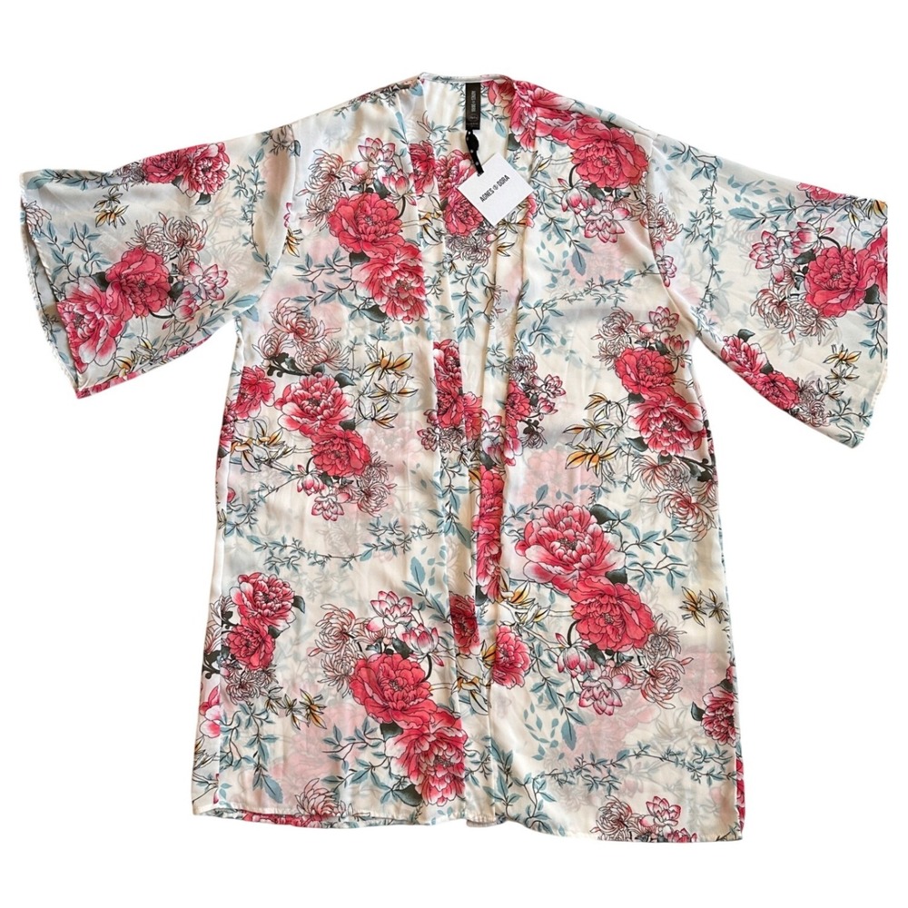 Agnes & Dora Kimono Wmn XL Plus Ivory Floral New Chiffon Duster Open Front Wrap
